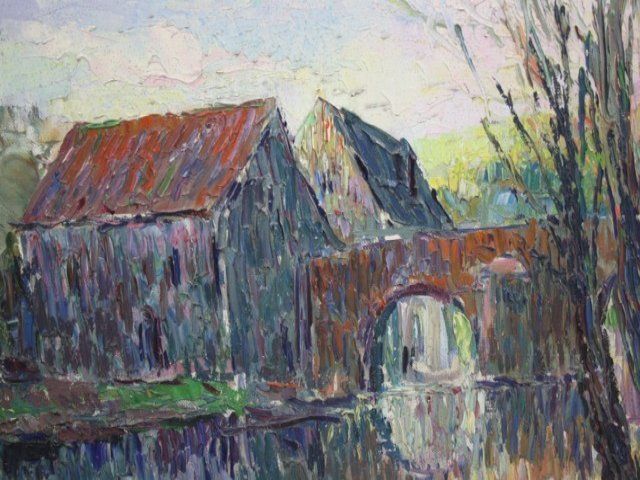 photo for sale Bridge Over Water Oil On Canvas Signed Kiraval X Xth Oil Painting On Canvas Signed Kiraval X Xth 5 Probably 40/50 Years Representing A Landscape Of Dimen