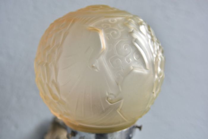 Art Deco Wall Light Stainless Steel And Glass With Rose Globe Decoration In Molded Glass 1930 photo vinterior