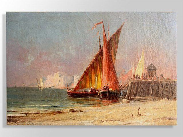 Marine Aux Felouques Xi Xth Oil Painting On Canvas Attributed To Duvieux