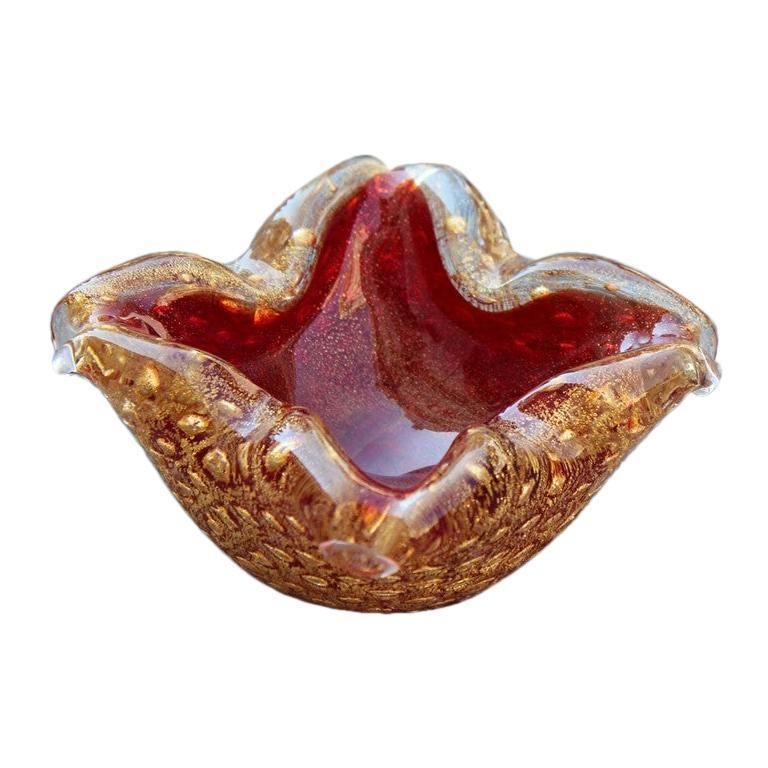 Seguso Mid Century Bowl Red Ruby Gold Dust Bubbles Inside 1950s