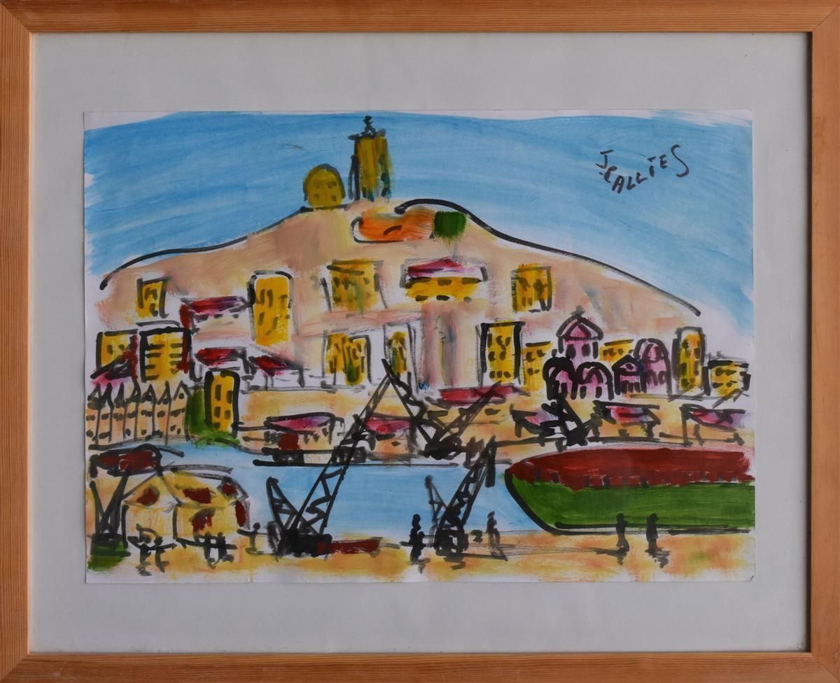 Felt And Pencil Drawing Of The Old Port Of Marseille And Notre Dame De La Garde