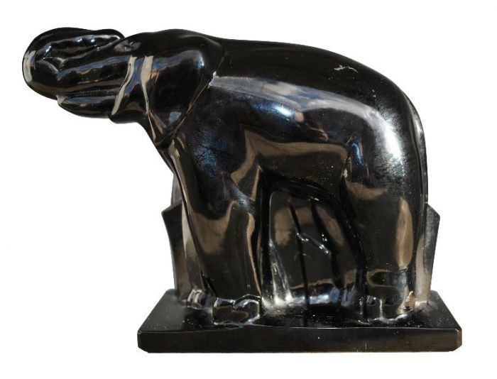 Statuette Elephant Black Glass Knight For Baccarat Horn Raised