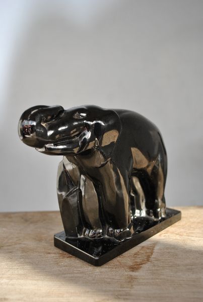 Statuette Elephant Black Glass Knight For Baccarat Horn Raised photo for sale