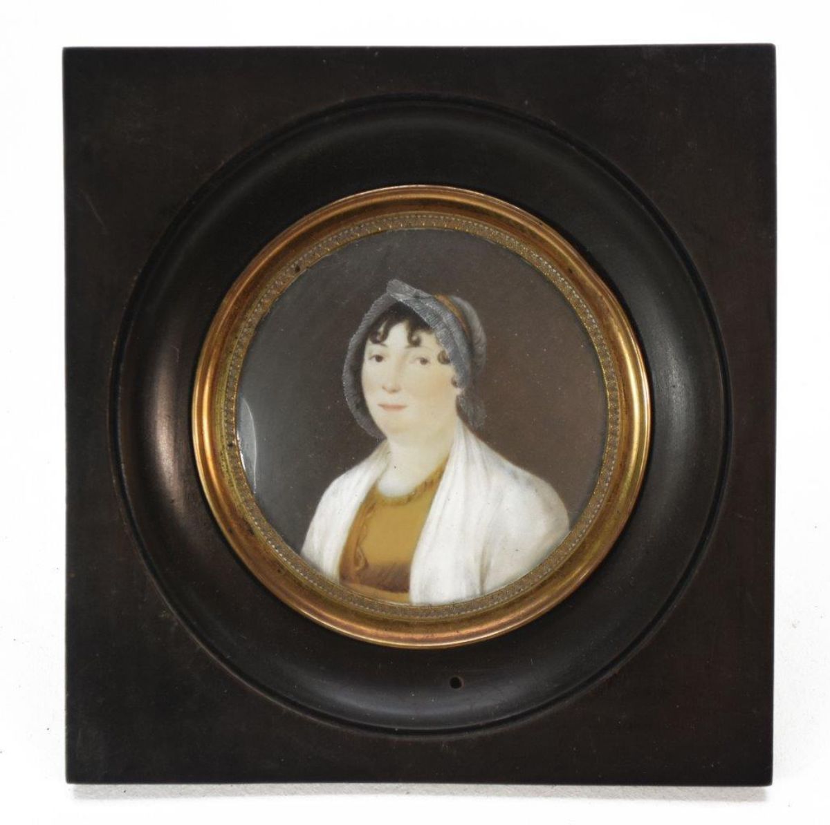 Miniature Portrait Painted Medallion Young Woman With Hat Blackened Wooden Frame Xi Xth