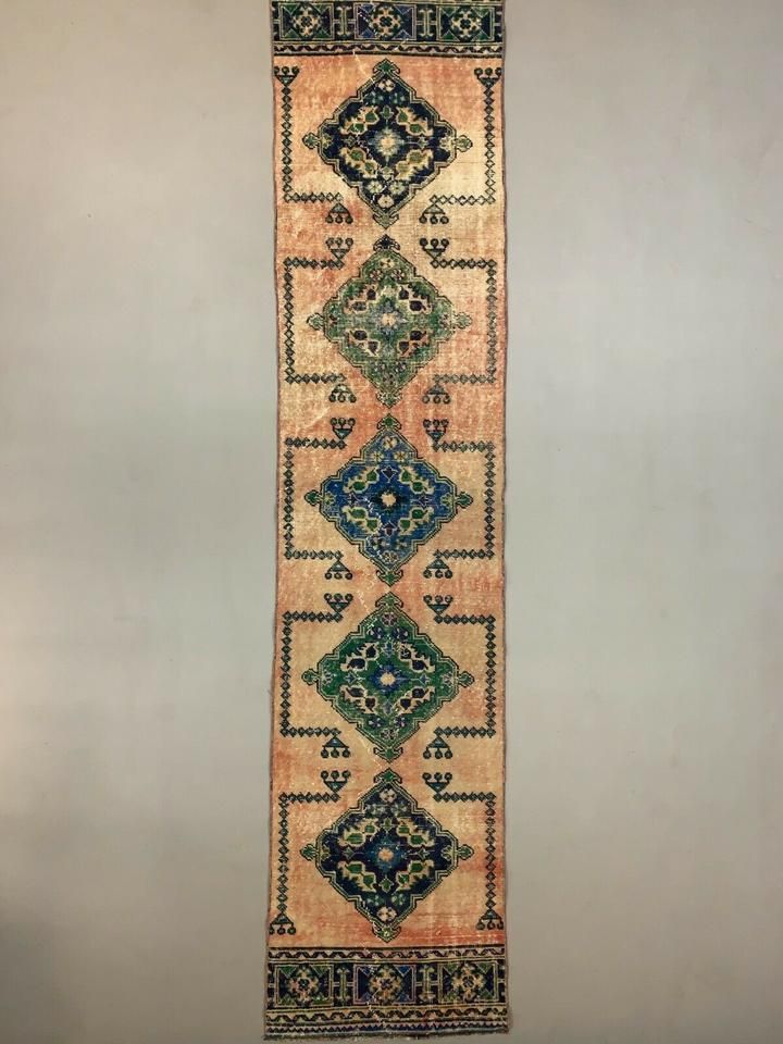 Distressed Turkish Runner 360x79 Cm Wool Vintage Tribal Rug Pink Green