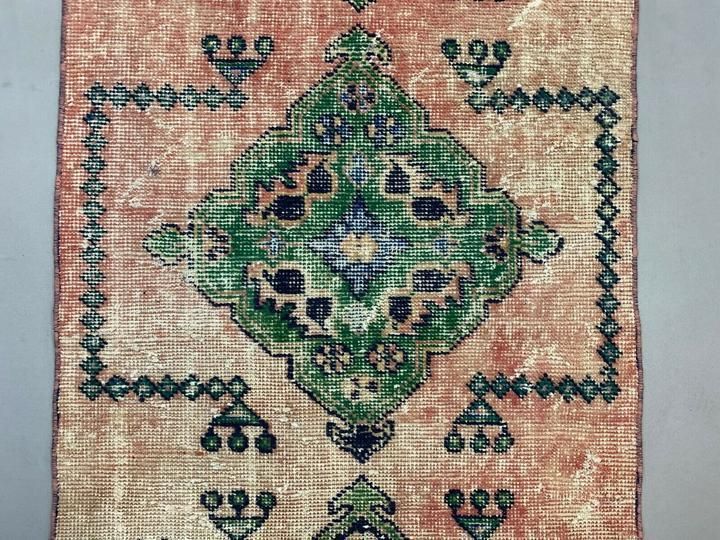 Distressed Turkish Runner 360x79 Cm Wool Vintage Tribal Rug Pink Green photo Textiles
