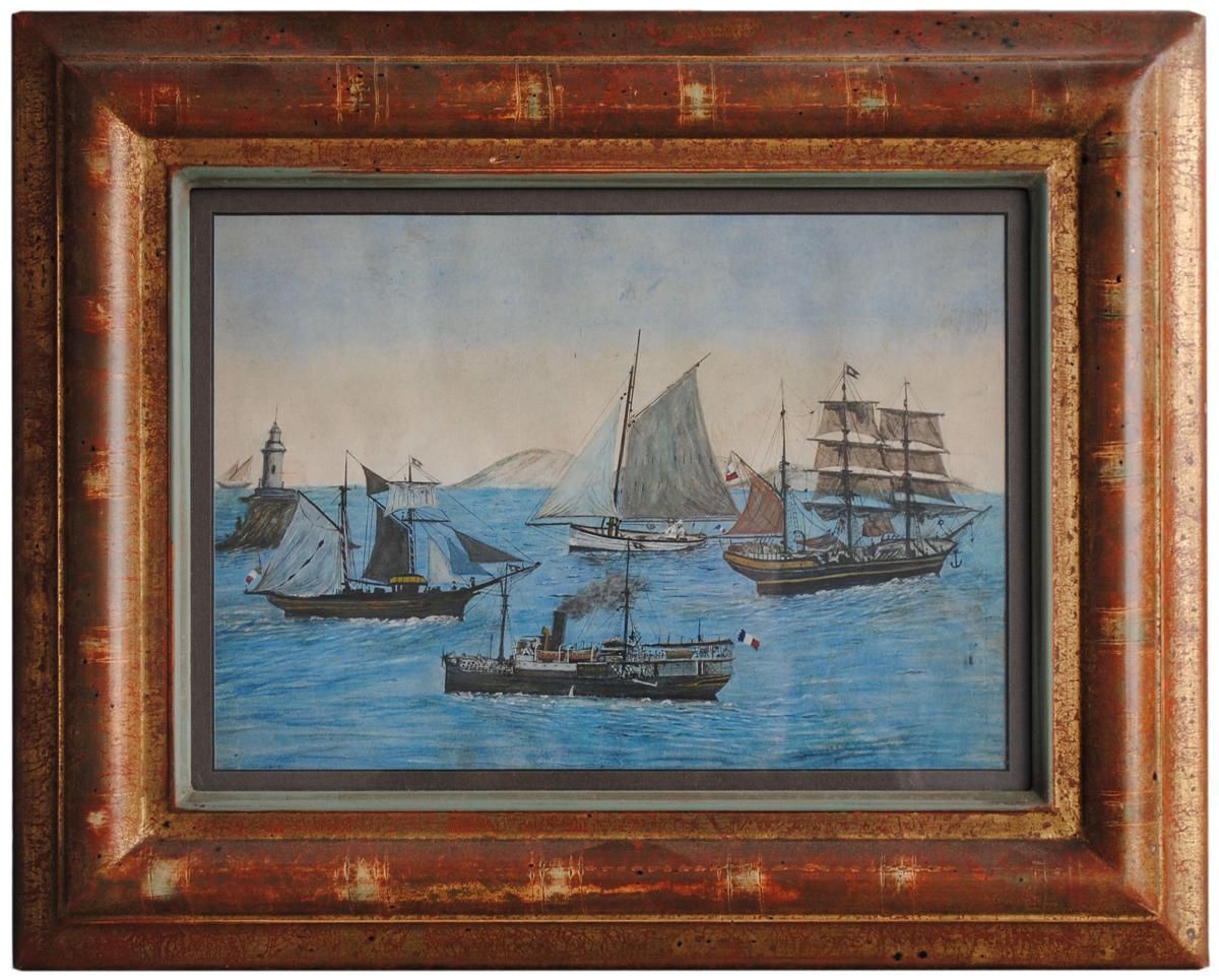 Gouache Of Marine Steam And Sailing Ships Early 20th Century