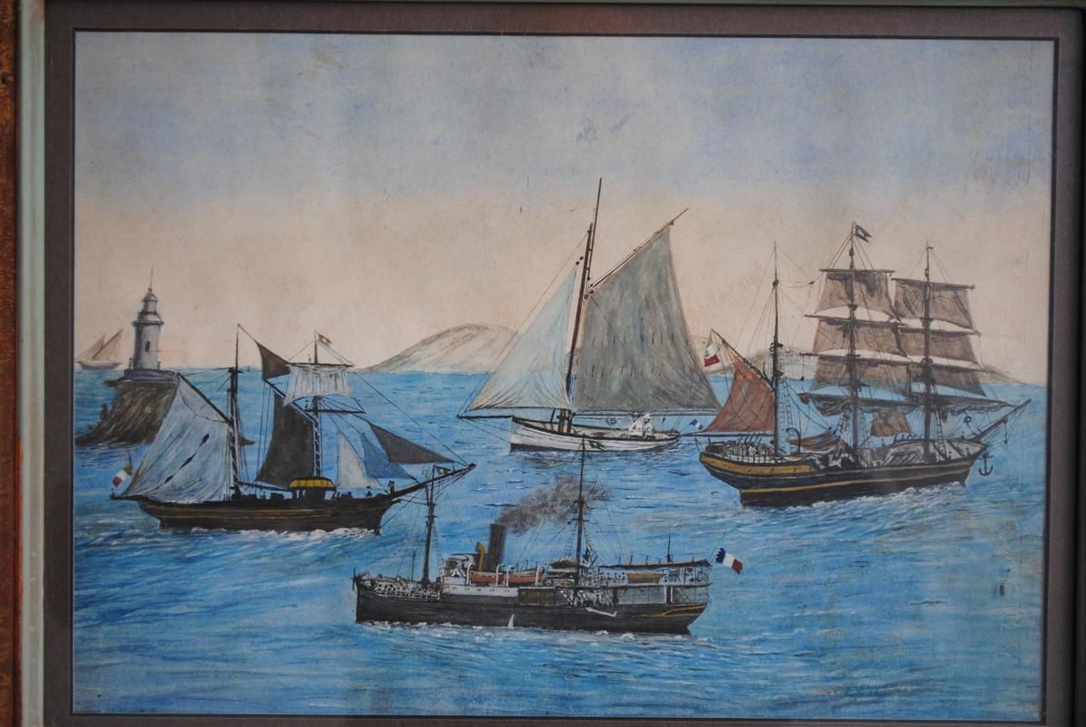 Gouache Of Marine Steam And Sailing Ships Early 20th Century photo furniture