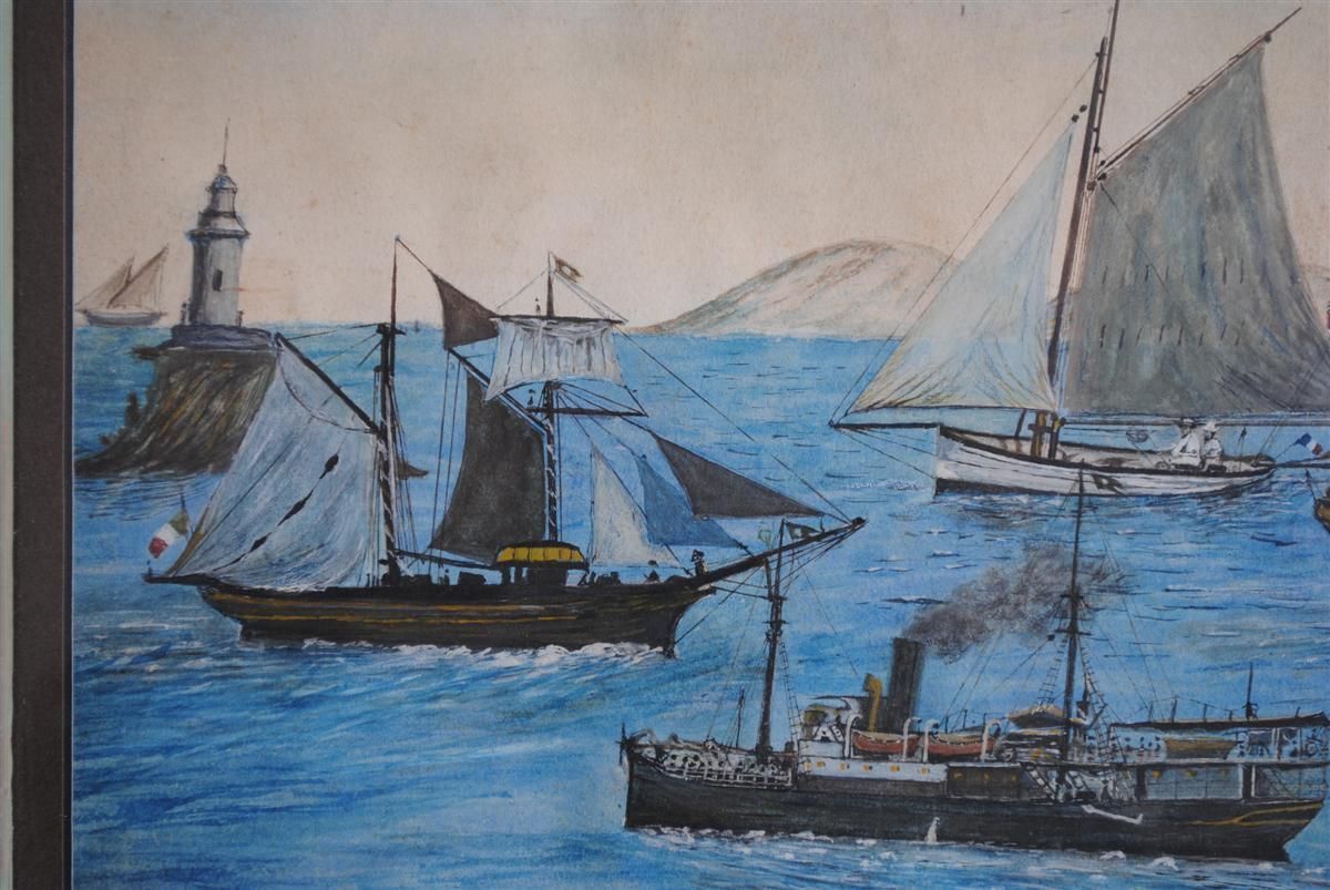 Gouache Of Marine Steam And Sailing Ships Early 20th Century photo for sale