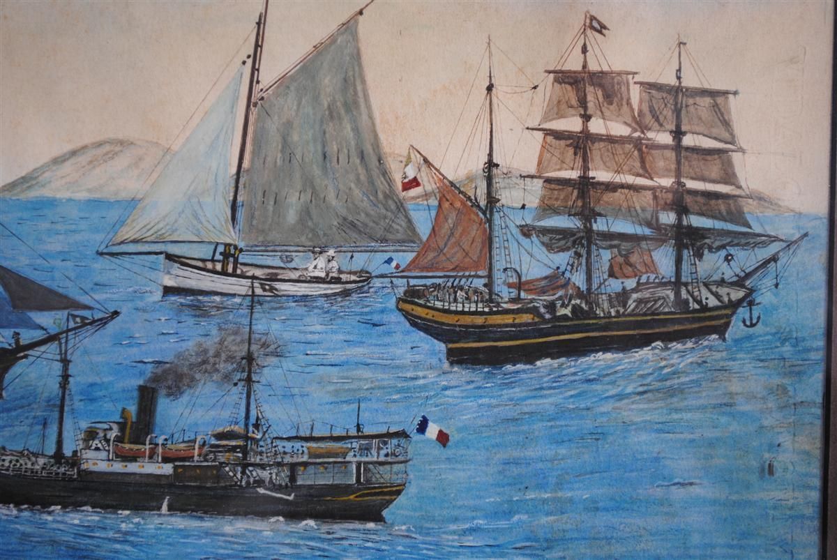 Gouache Of Marine Steam And Sailing Ships Early 20th Century photo Art