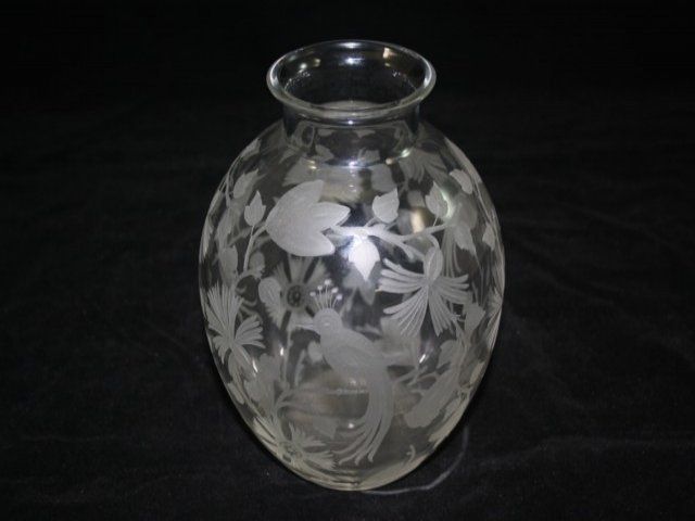 Kaza France Vase In Glass Engraved With Flowers photo for sale