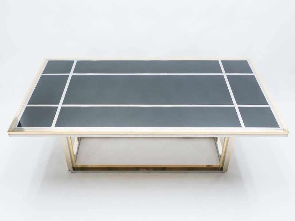 Grande table à manger en verre noir, laiton et chrome, Romeo Rega pour Metalarte, années 1970 photo for sale