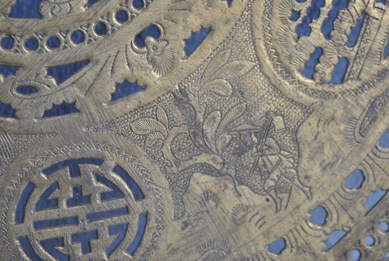 598.0 Ancient Asian Tea Table Openwork Copper Tray photo