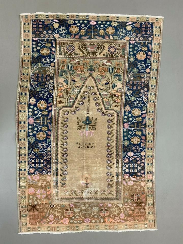Distressed Turkish Rug 122x79 Cm Vintage Shabby, Wool Tribal Blue, Beige Small