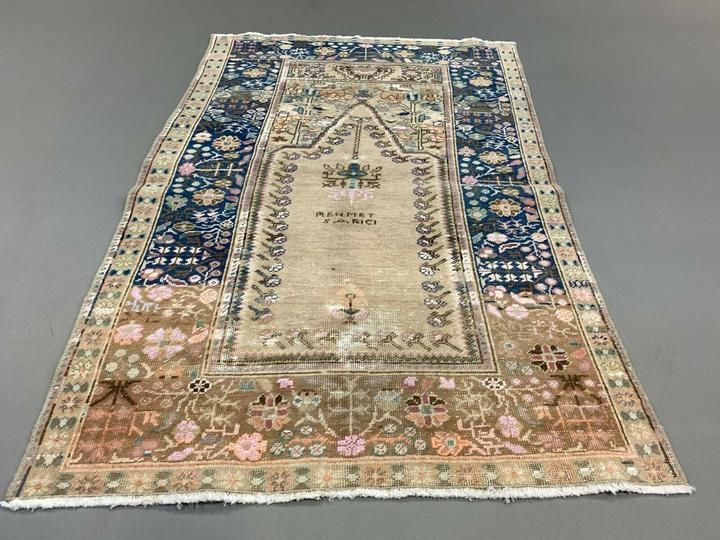 Distressed Turkish Rug 122x79 Cm Vintage Shabby, Wool Tribal Blue, Beige Small photo furniture