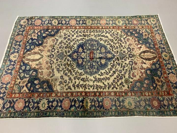 Distressed Turkish Rug 179x120 Cm Wool Shabby Chic Tribal Blue, Beige photo Textiles