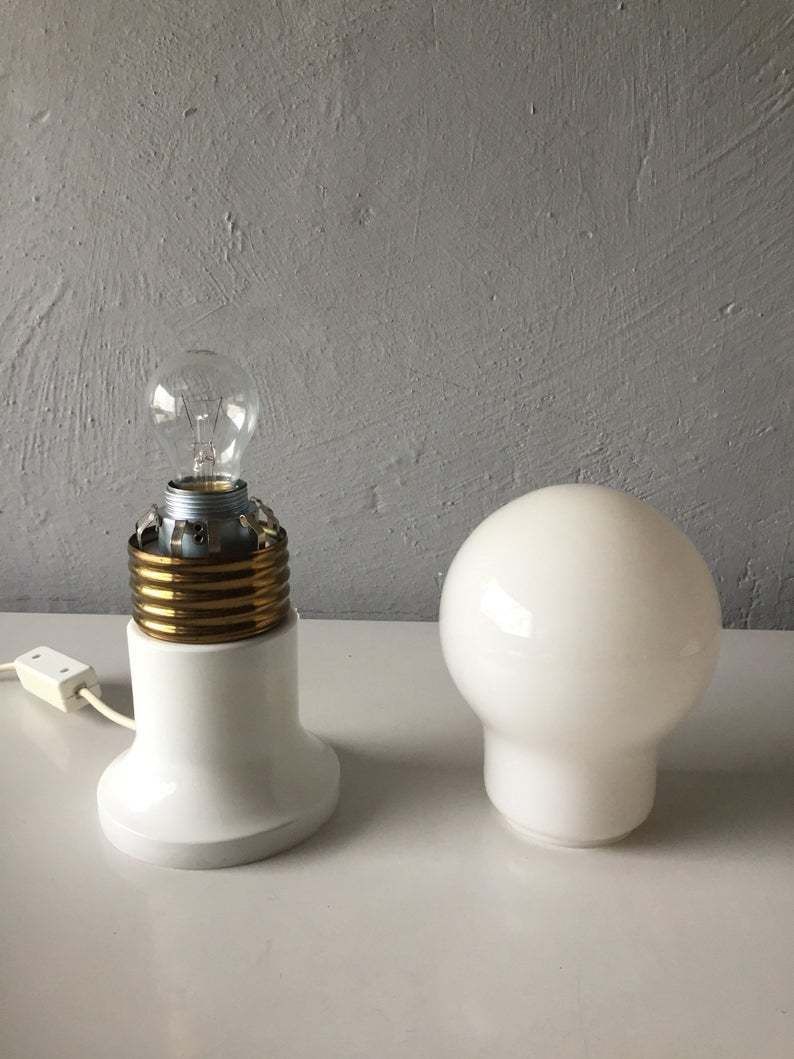 Pure Beauty 70s Milk Glass Bulb Table Lamp   White Metal And Brass Body   Made In Italy photo Lighting