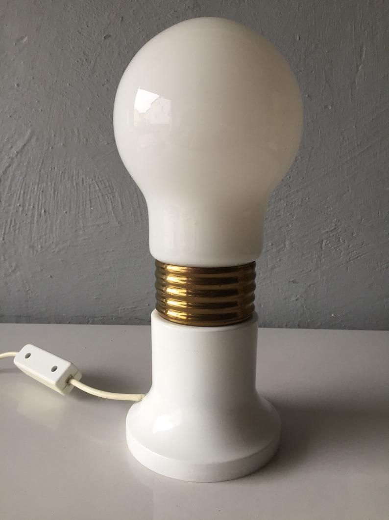 Pure Beauty 70s Milk Glass Bulb Table Lamp   White Metal And Brass Body   Made In Italy photo buy