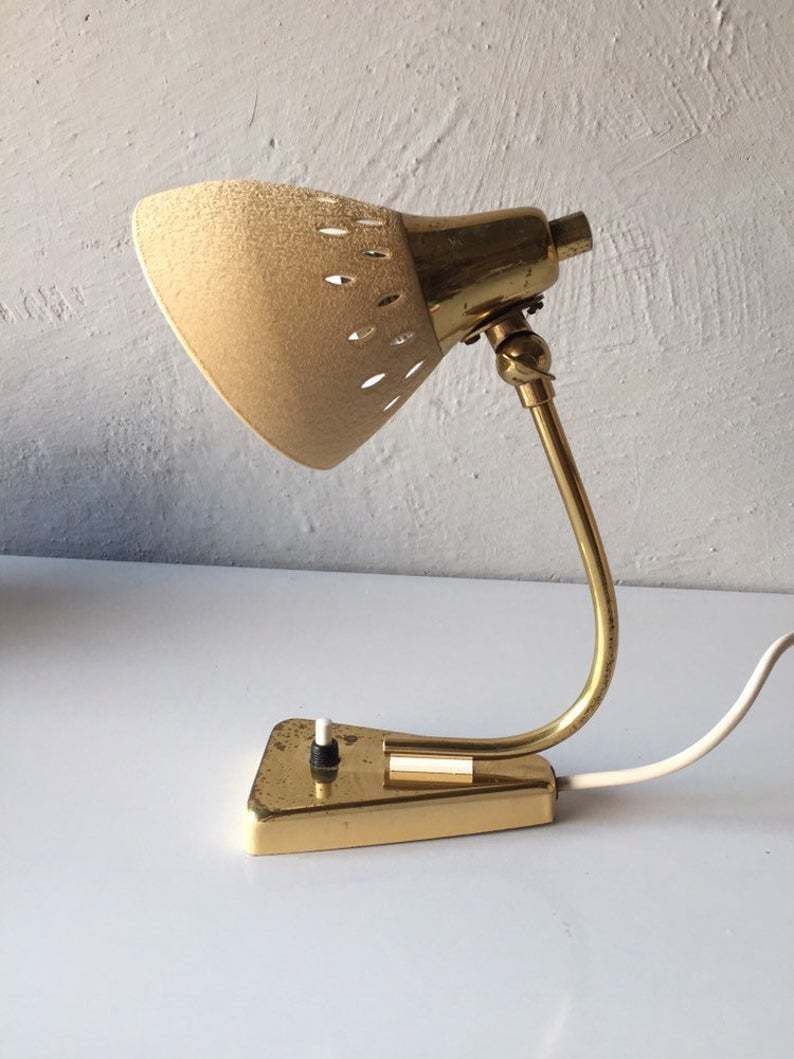 Mid Century Modern Night Lamp   Beige Metallic Crinkle Paint   Brass Neck And Top   One Bedside Lamp   50s Germany photo furniture