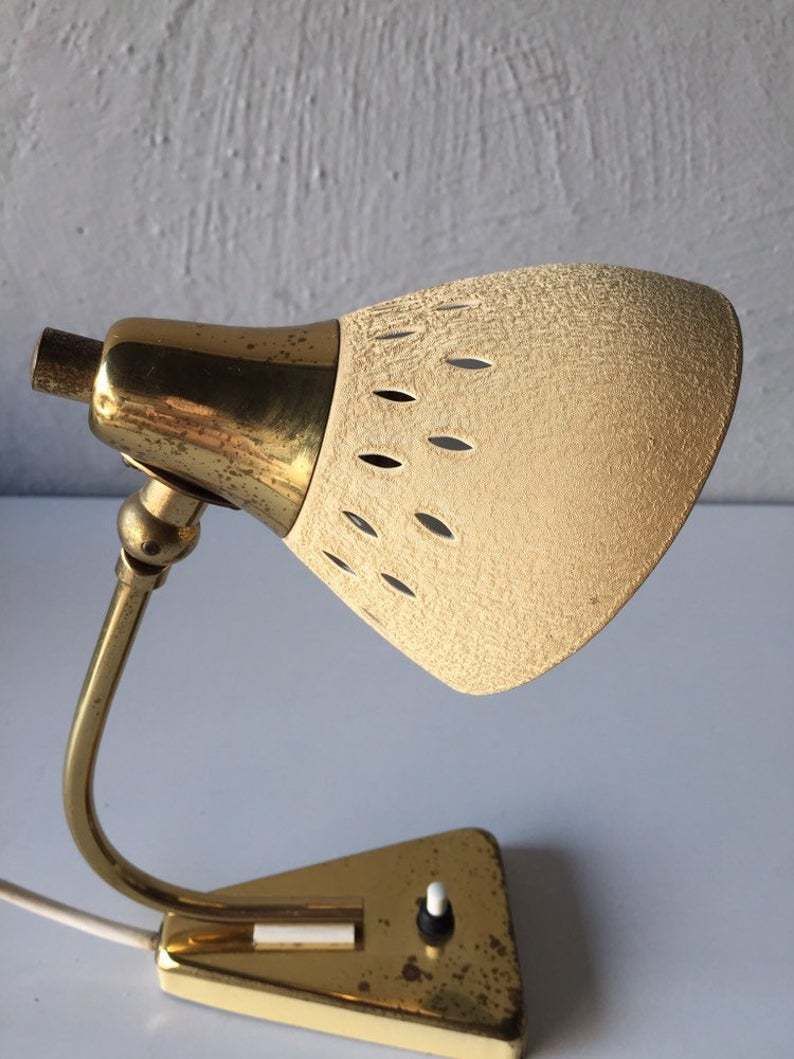 Mid Century Modern Night Lamp   Beige Metallic Crinkle Paint   Brass Neck And Top   One Bedside Lamp   50s Germany photo Lighting