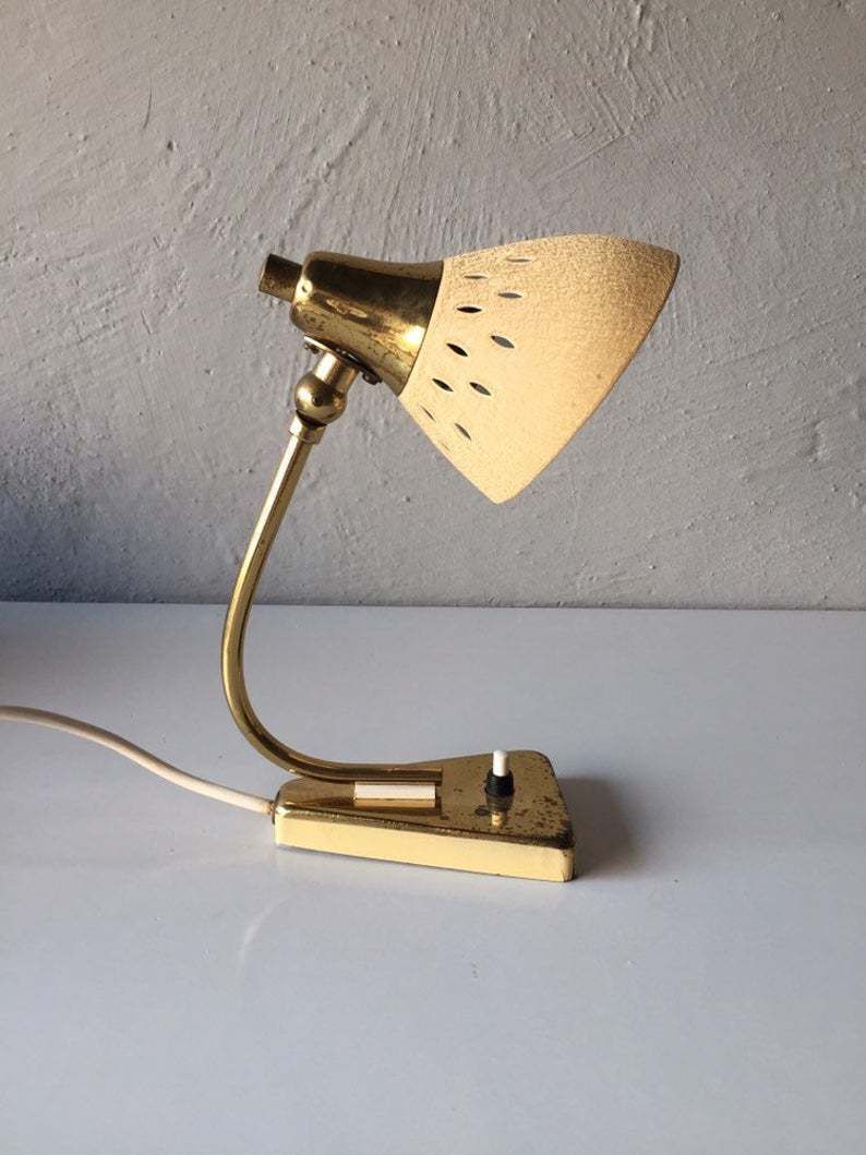 Mid Century Modern Night Lamp   Beige Metallic Crinkle Paint   Brass Neck And Top   One Bedside Lamp   50s Germany photo vintage