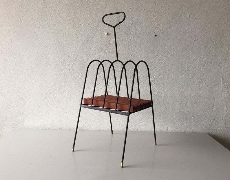 Mid Century Italian Magazine Stand With Handle   Black Metal & Wooden Body   1950s Italy