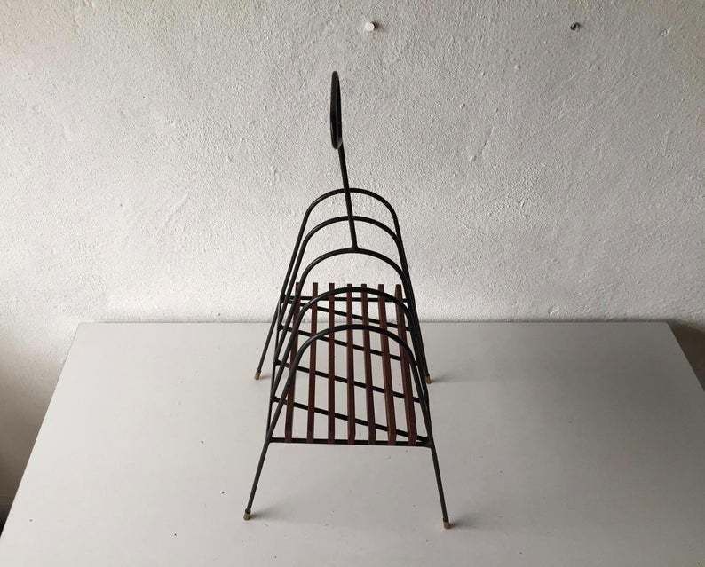Mid Century Italian Magazine Stand With Handle   Black Metal & Wooden Body   1950s Italy photo furniture