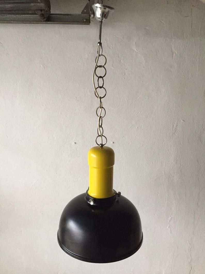 Brilliant Black & Yellow Metal Industrial Pendant Lamp   1950s photo for sale