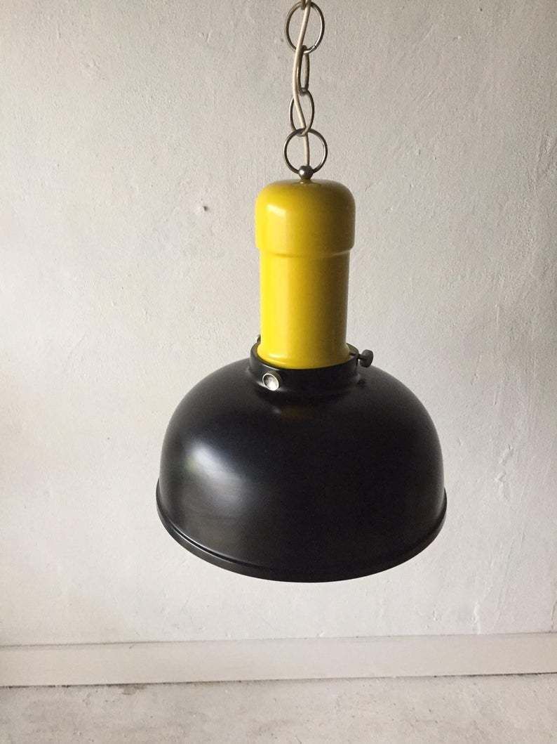 Brilliant Black & Yellow Metal Industrial Pendant Lamp   1950s photo Lighting