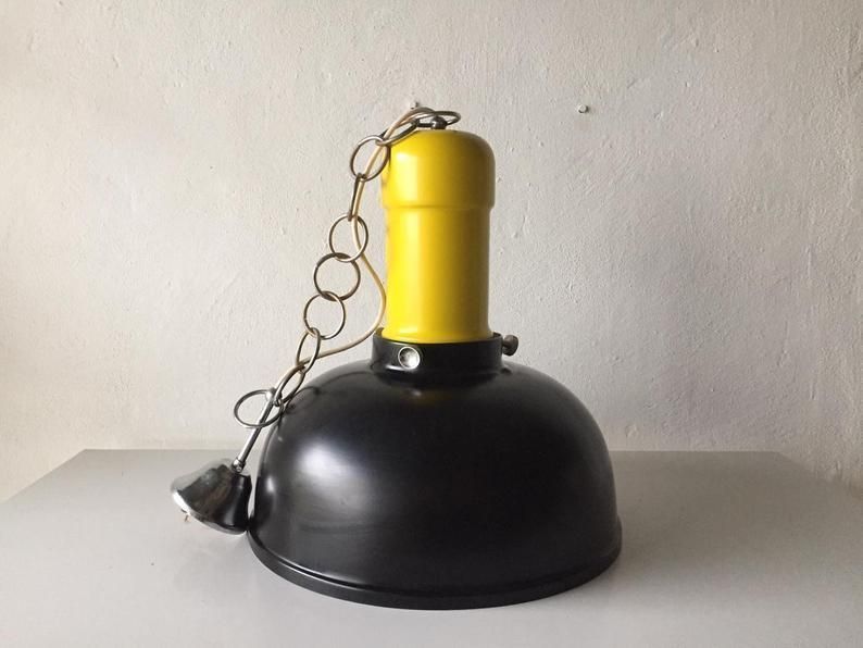 Brilliant Black & Yellow Metal Industrial Pendant Lamp   1950s photo buy