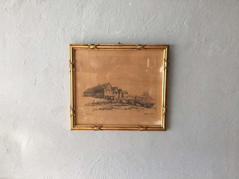 30s Pencil Drawing Danish Art Painting   Antique Illustration   Signed By Artist   Gammel Naustan Seaside Panorama photo furniture