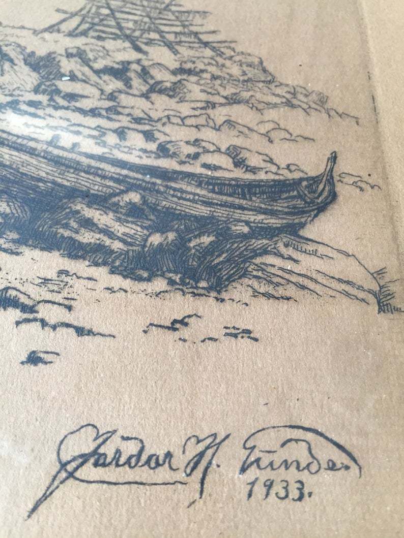 30s Pencil Drawing Danish Art Painting   Antique Illustration   Signed By Artist   Gammel Naustan Seaside Panorama photo buy