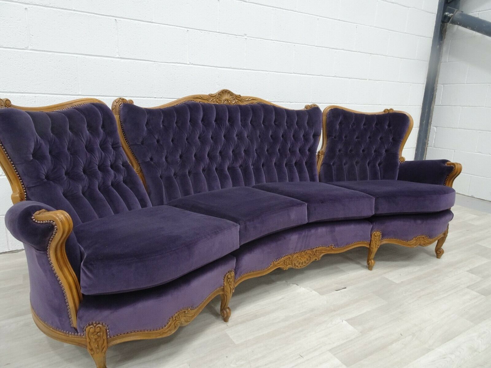 Beautiful Carved French Baroque Curved Sofa In Luxurious Lilac Velvet photo vinterior