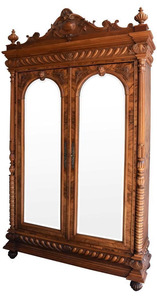 Walnut Wardrobe Renaissance Style French Work, Late 19th Century