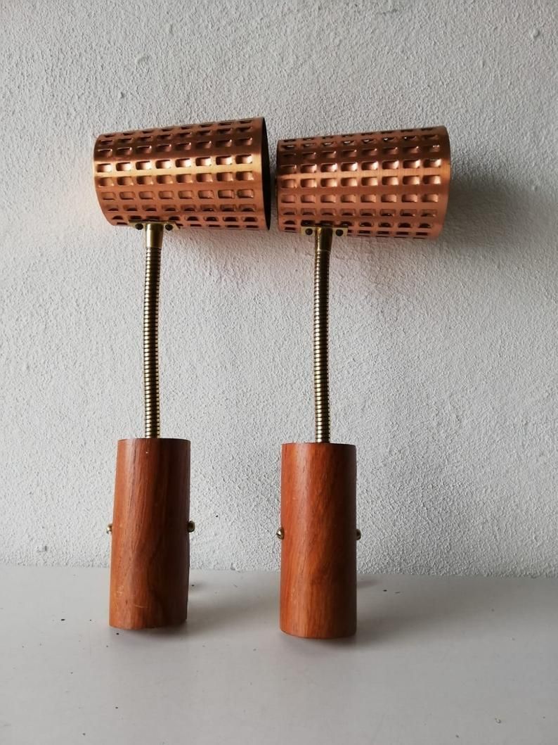 Mid Century Copper & Teak Pair Of Sconces   Scandinavia 1950s photo furniture