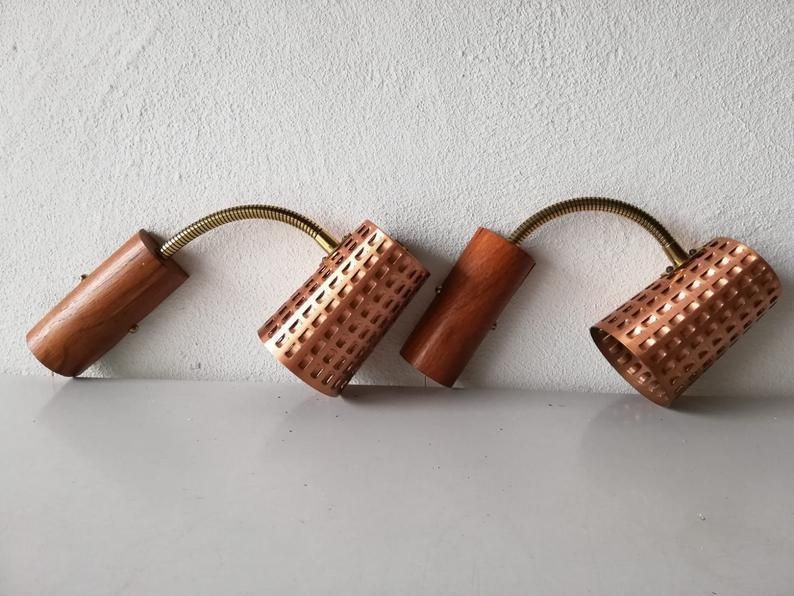 Mid Century Copper & Teak Pair Of Sconces   Scandinavia 1950s photo vinterior