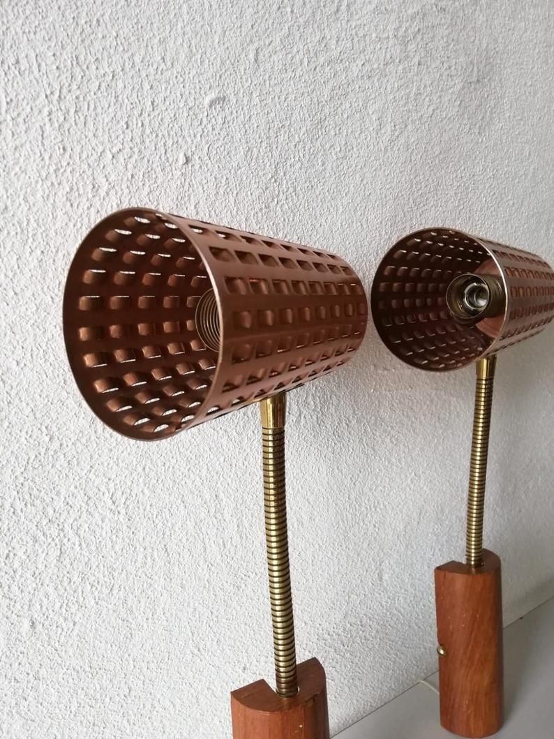 photo furniture Mid Century Copper & Teak Pair Of Sconces   Scandinavia 1950s