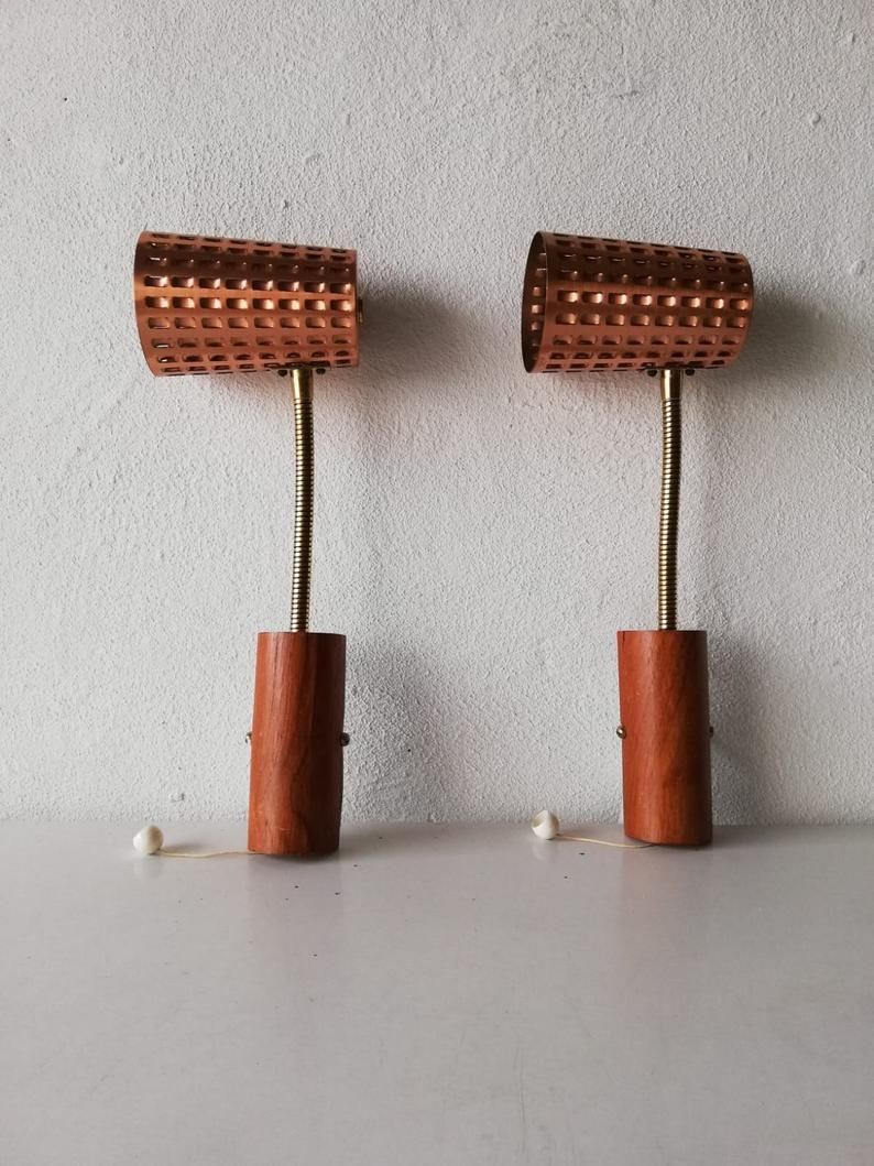 photo for sale Mid Century Copper & Teak Pair Of Sconces   Scandinavia 1950s
