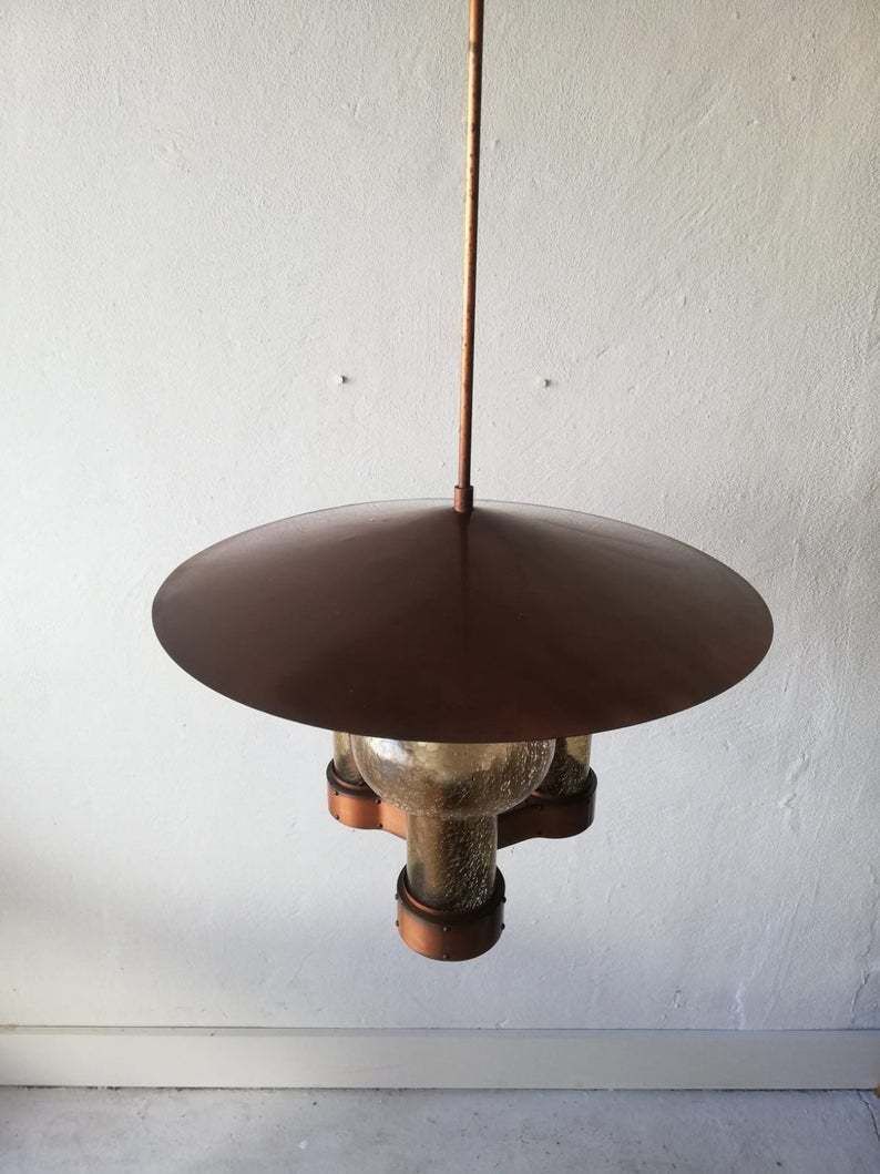 Stunning Copper & Hand Blowing Smoke Glass Tubes Industrial Style Chandelier photo vintage