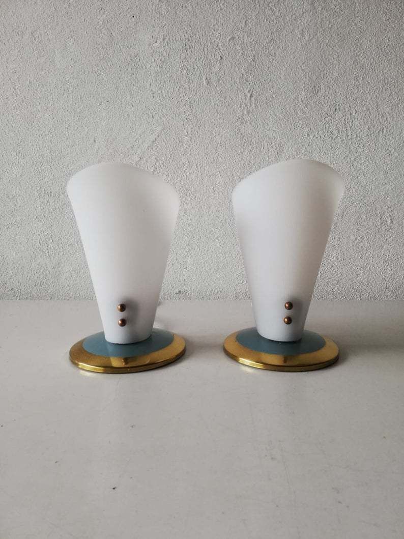 50s Curved Hard Plastic Lampshade Pair Of Beautiful Table Lamps   Blue & Brass Metal Base   Germany photo furniture