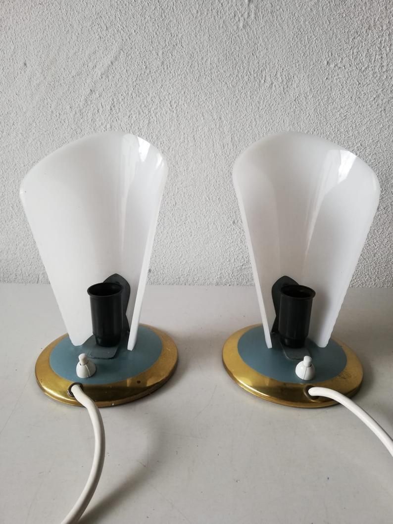 50s Curved Hard Plastic Lampshade Pair Of Beautiful Table Lamps   Blue & Brass Metal Base   Germany photo 311.24