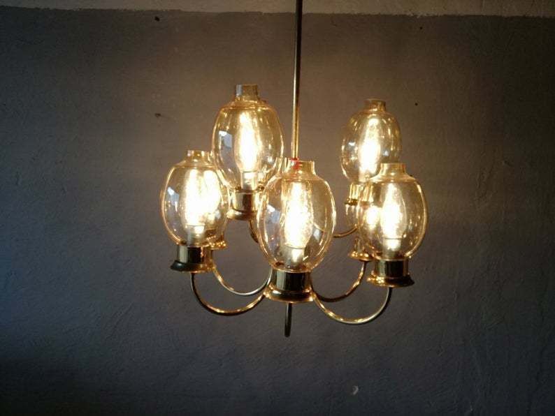 Magnificent Full Brass Body 9 Armed Chandelier   Glass Lampshades   Red Plastic Details   Mid Century Modern   Germany photo buy
