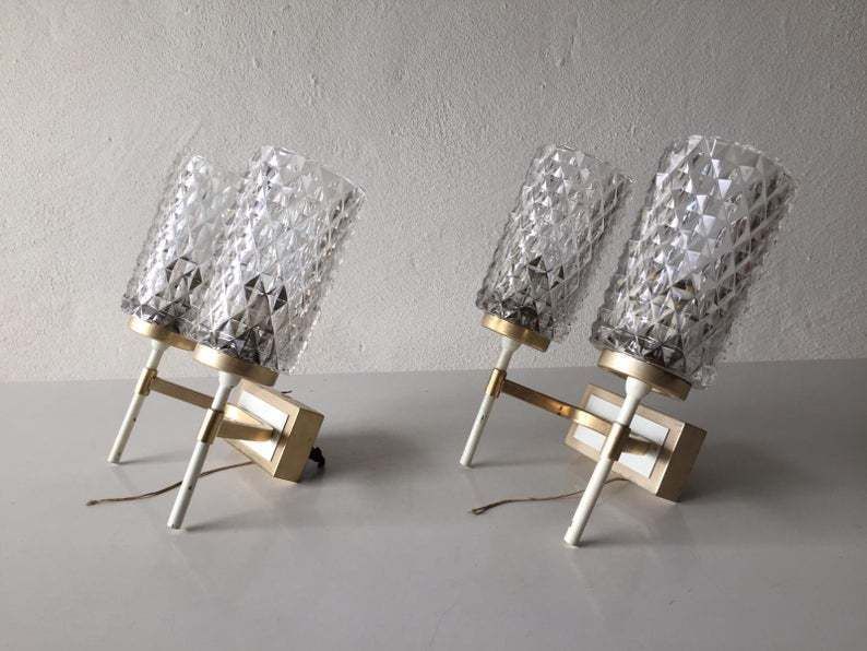 Mid Century Pair Of Very Elegant Crystal Glass & Gold White Metal Sconces   1950s Germany photo furniture