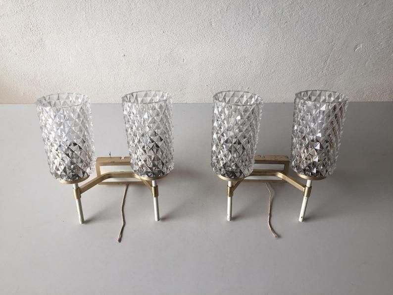 Mid Century Pair Of Very Elegant Crystal Glass & Gold White Metal Sconces   1950s Germany photo for sale