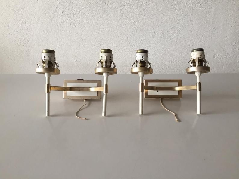 Mid Century Pair Of Very Elegant Crystal Glass & Gold White Metal Sconces   1950s Germany photo vintage