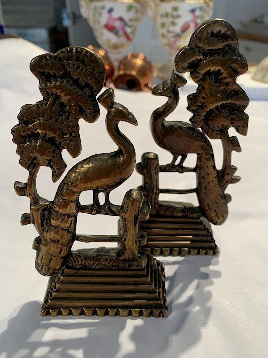Pair Of Late Victorian Brass Mantle Ornaments In The Form Of Peacocks On A Fence photo for sale