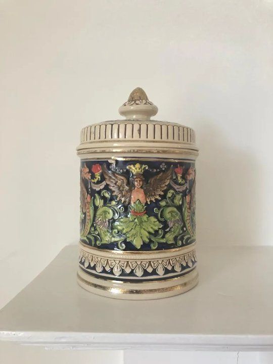 Pair Of Early 1900s German Ceramic Tobacco Jar Pots photo vinterior