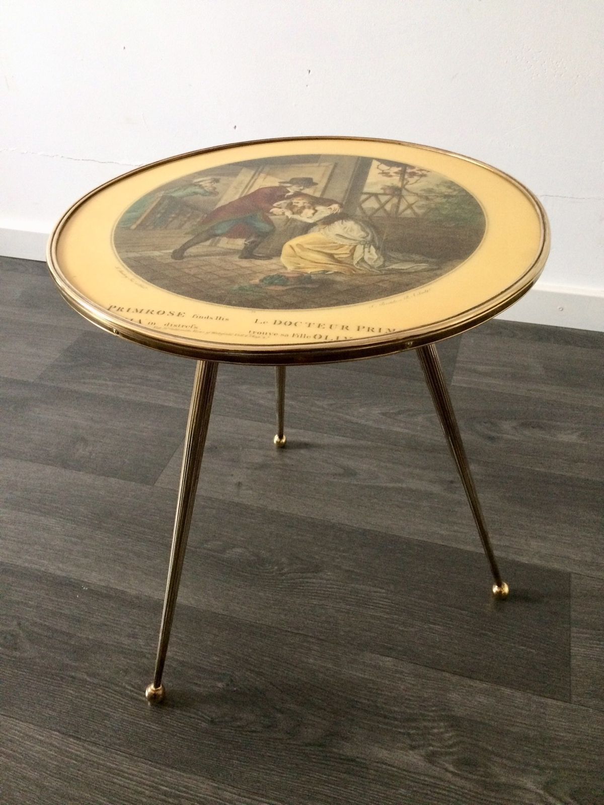 Italian Design Brass Tripod Side Table W Printed Top 1950s