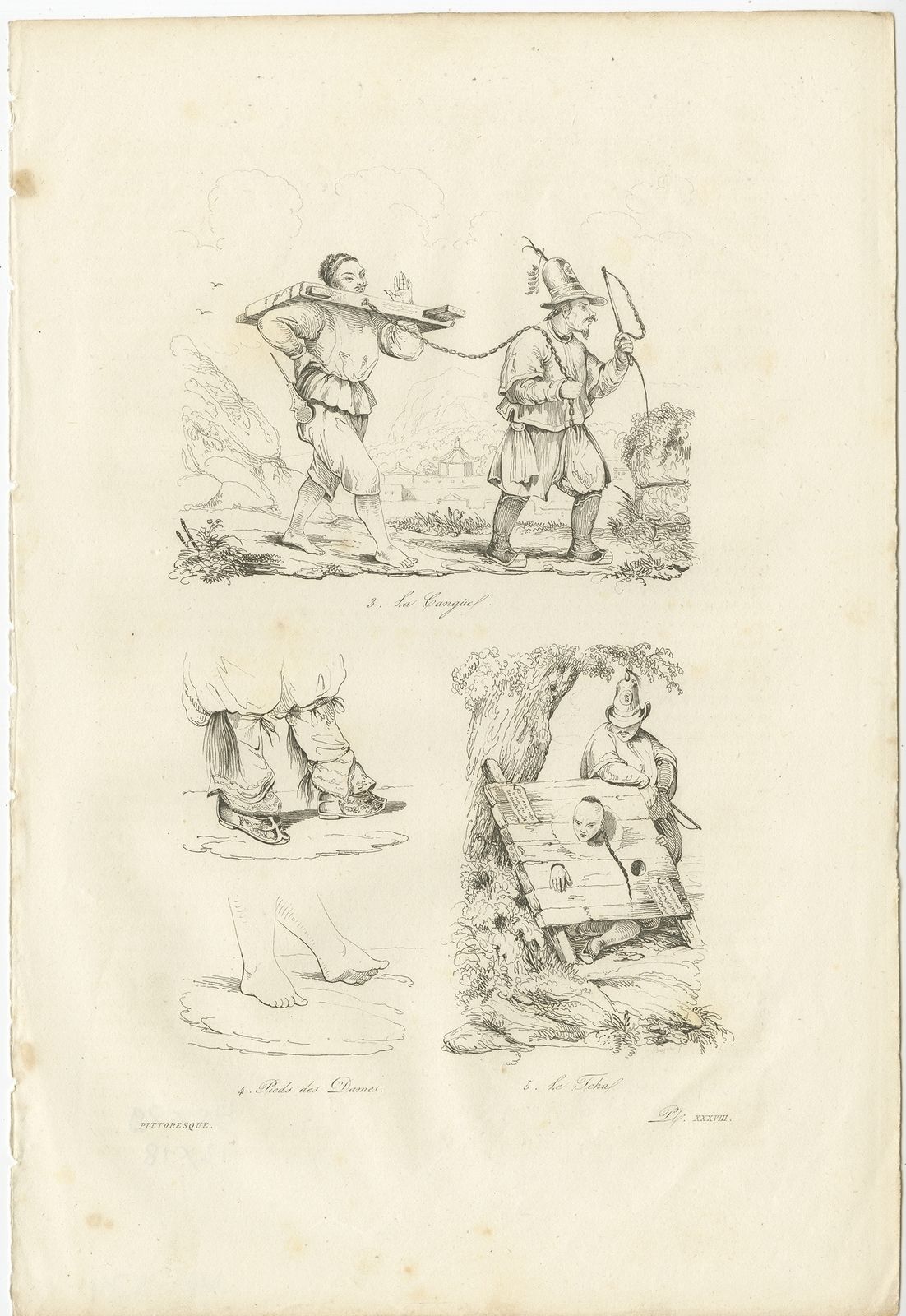 Antique Print Of Cangue Or Tcha Punishment By Dumont D'urville (1834)
