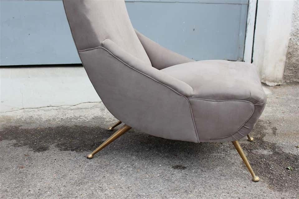 Boomerang Pair Of Armchairs Italian Midcentury Design 1950 Brass Grey Cotton photo vintage